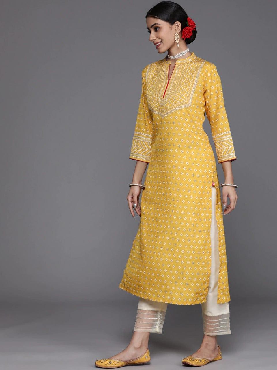 Varanga Women Yellow & White Ethnic Motifs Printed Kurta with Trousers - Indiakreations