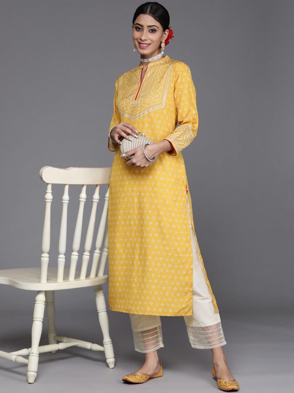 Varanga Women Yellow & White Ethnic Motifs Printed Kurta with Trousers - Indiakreations