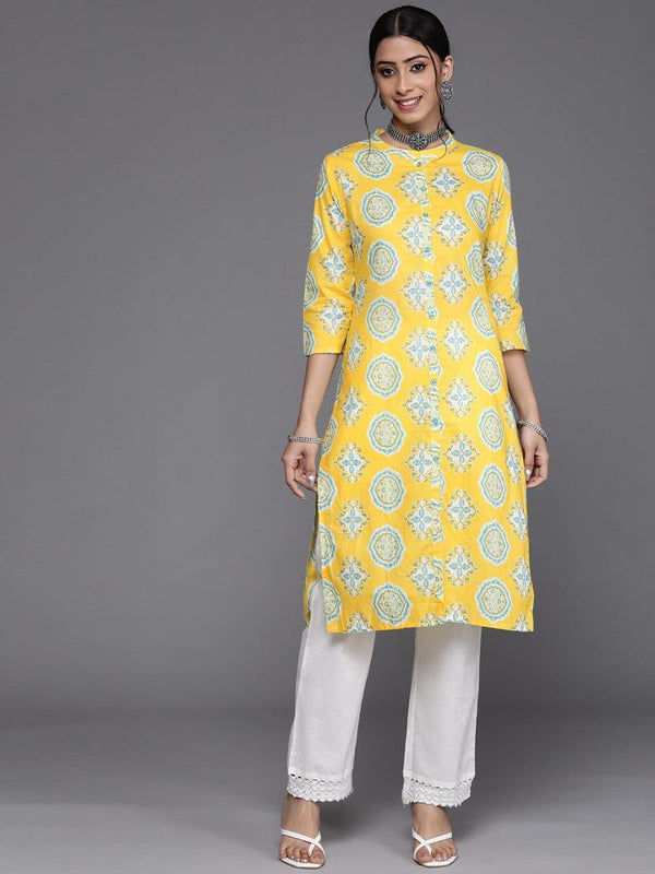 Varanga Women Yellow & Blue Pure Cotton Ethnic Motifs Printed Kurta - Indiakreations