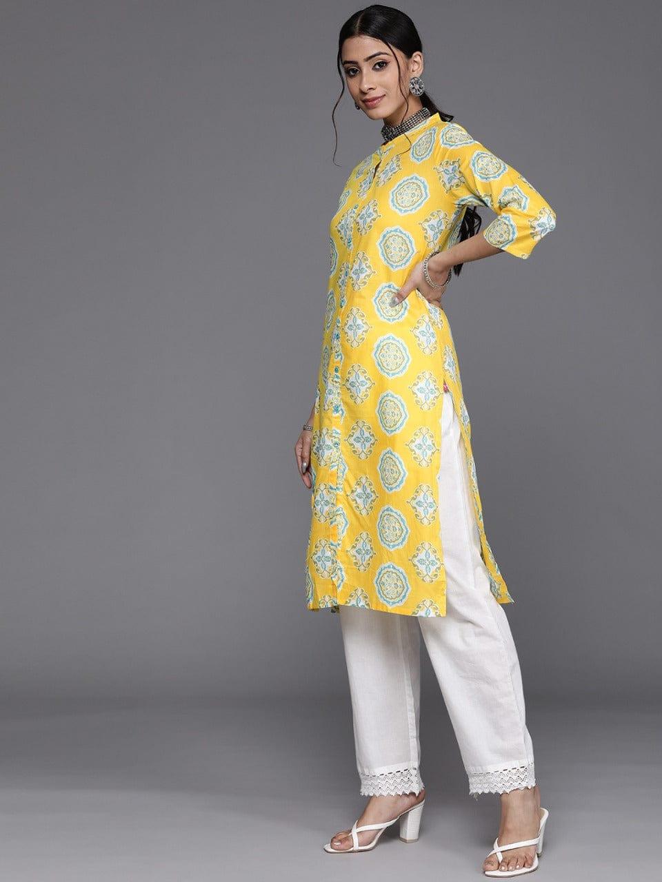 Varanga Women Yellow & Blue Pure Cotton Ethnic Motifs Printed Kurta - Indiakreations