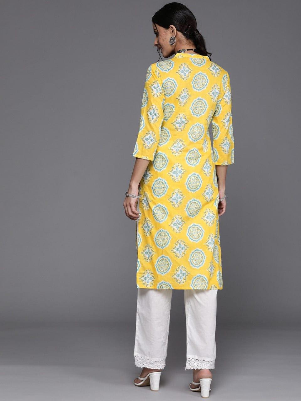 Varanga Women Yellow & Blue Pure Cotton Ethnic Motifs Printed Kurta - Indiakreations