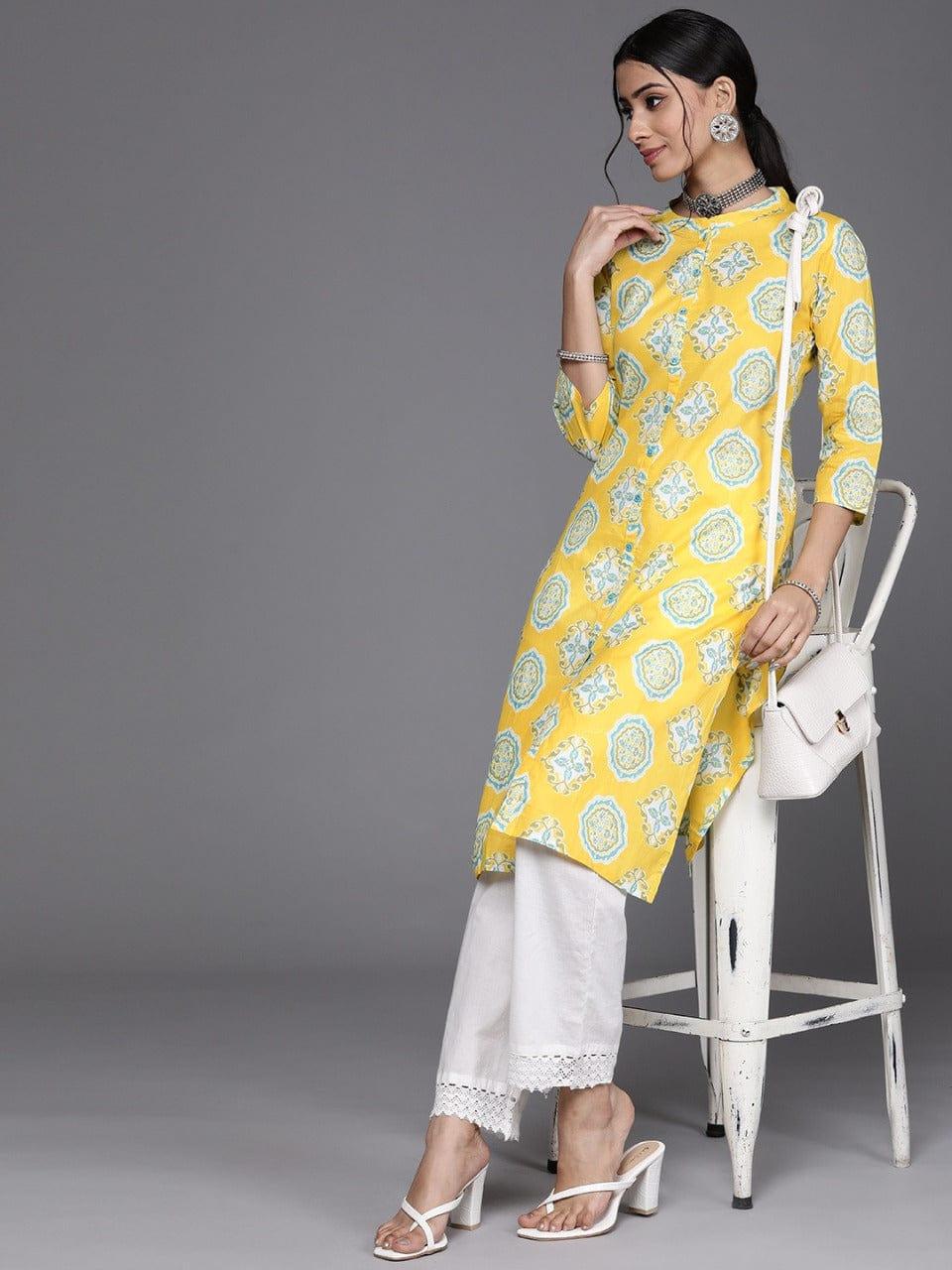 Varanga Women Yellow & Blue Pure Cotton Ethnic Motifs Printed Kurta - Indiakreations