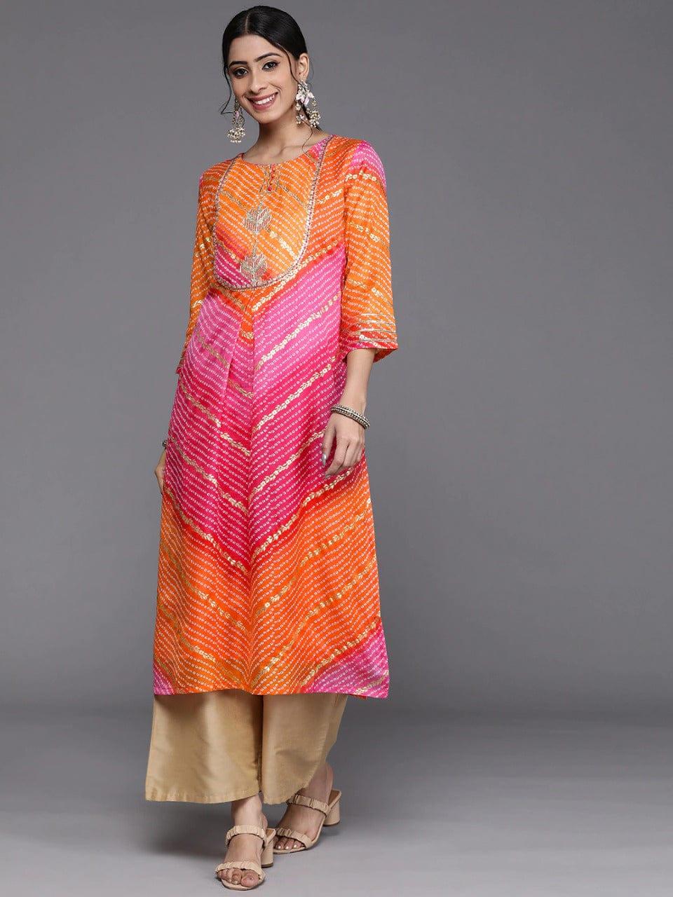 Varanga Women Pink & Orange Cotton Ethnic Motifs Printed Kurta - Indiakreations