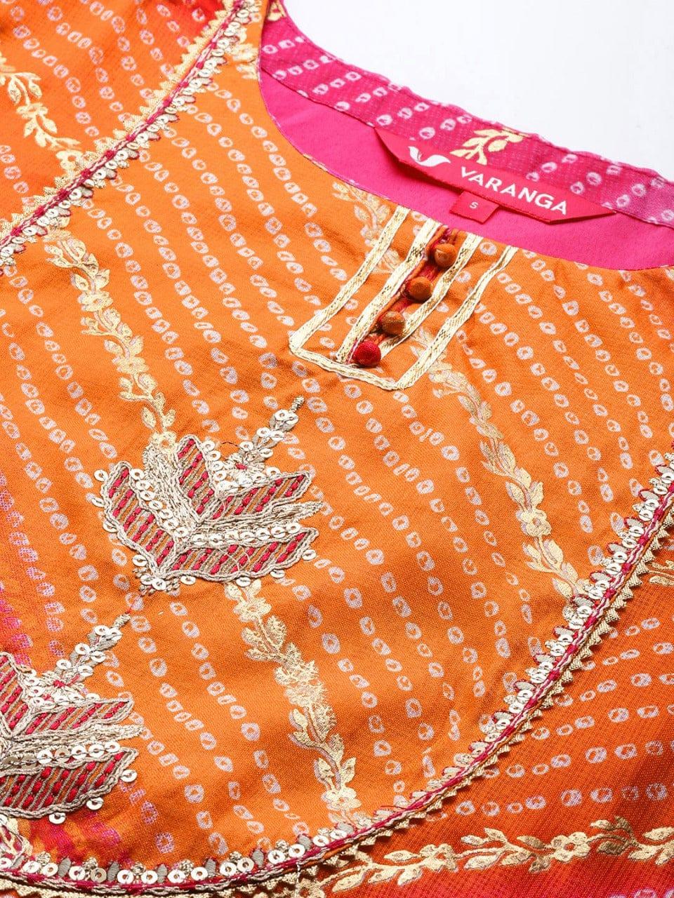 Varanga Women Pink & Orange Cotton Ethnic Motifs Printed Kurta - Indiakreations