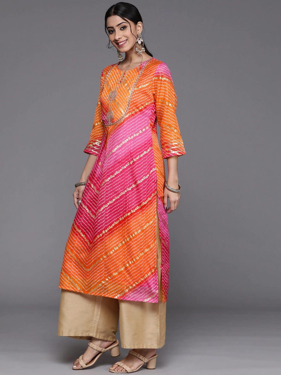 Varanga Women Pink & Orange Cotton Ethnic Motifs Printed Kurta - Indiakreations