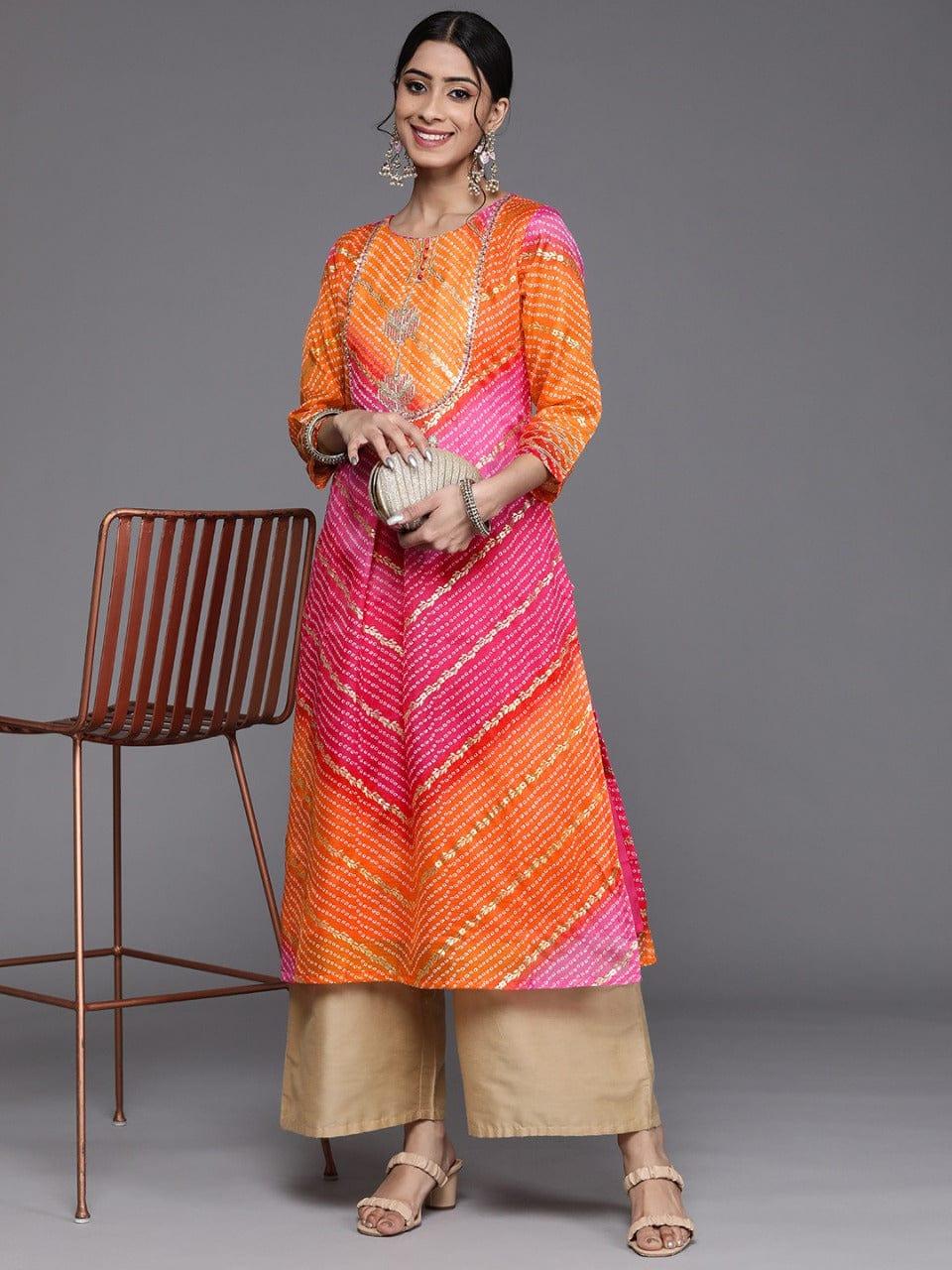 Varanga Women Pink & Orange Cotton Ethnic Motifs Printed Kurta - Indiakreations