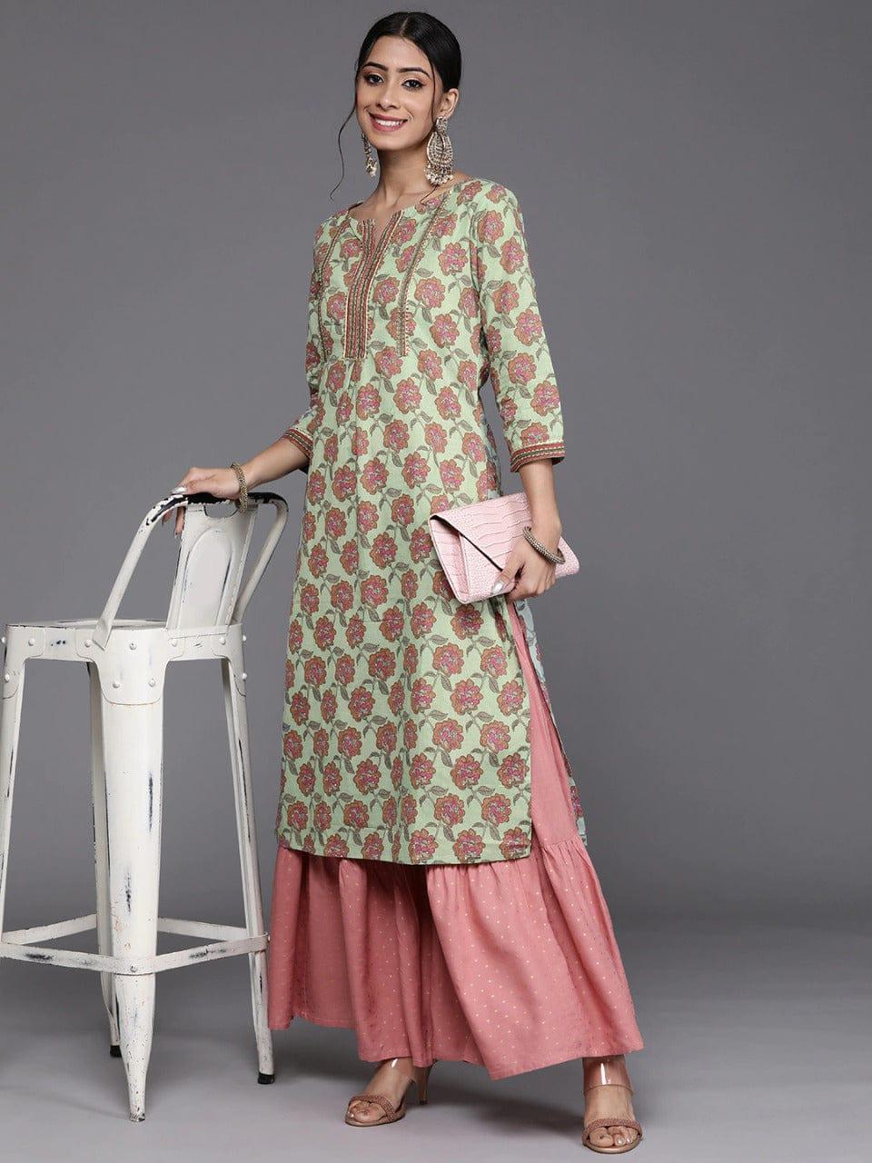 Varanga Women Green & Pink Pure Cotton Ethnic Motifs Printed Gotta Patti Kurta - Indiakreations