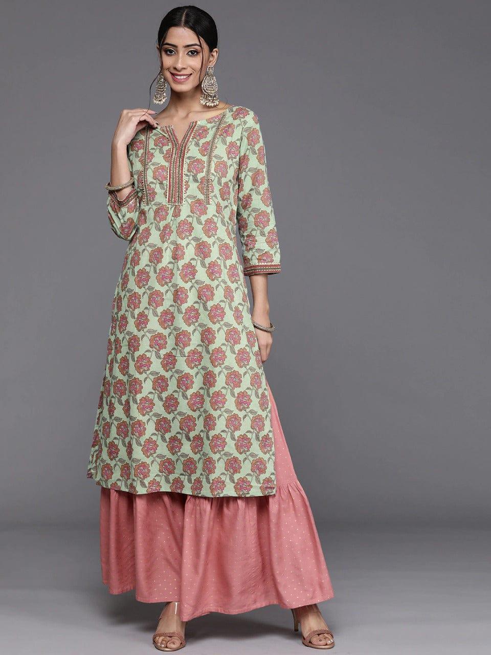 Varanga Women Green & Pink Pure Cotton Ethnic Motifs Printed Gotta Patti Kurta - Indiakreations