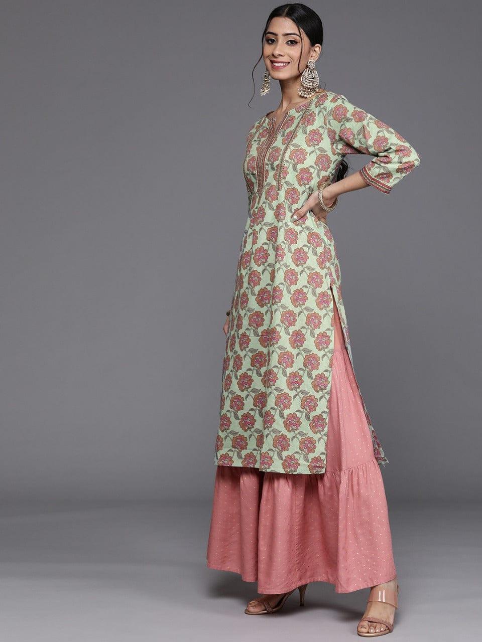 Varanga Women Green & Pink Pure Cotton Ethnic Motifs Printed Gotta Patti Kurta - Indiakreations