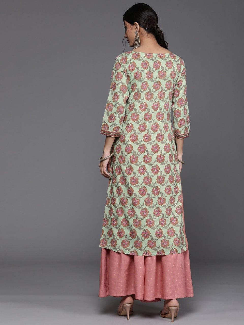 Varanga Women Green & Pink Pure Cotton Ethnic Motifs Printed Gotta Patti Kurta - Indiakreations