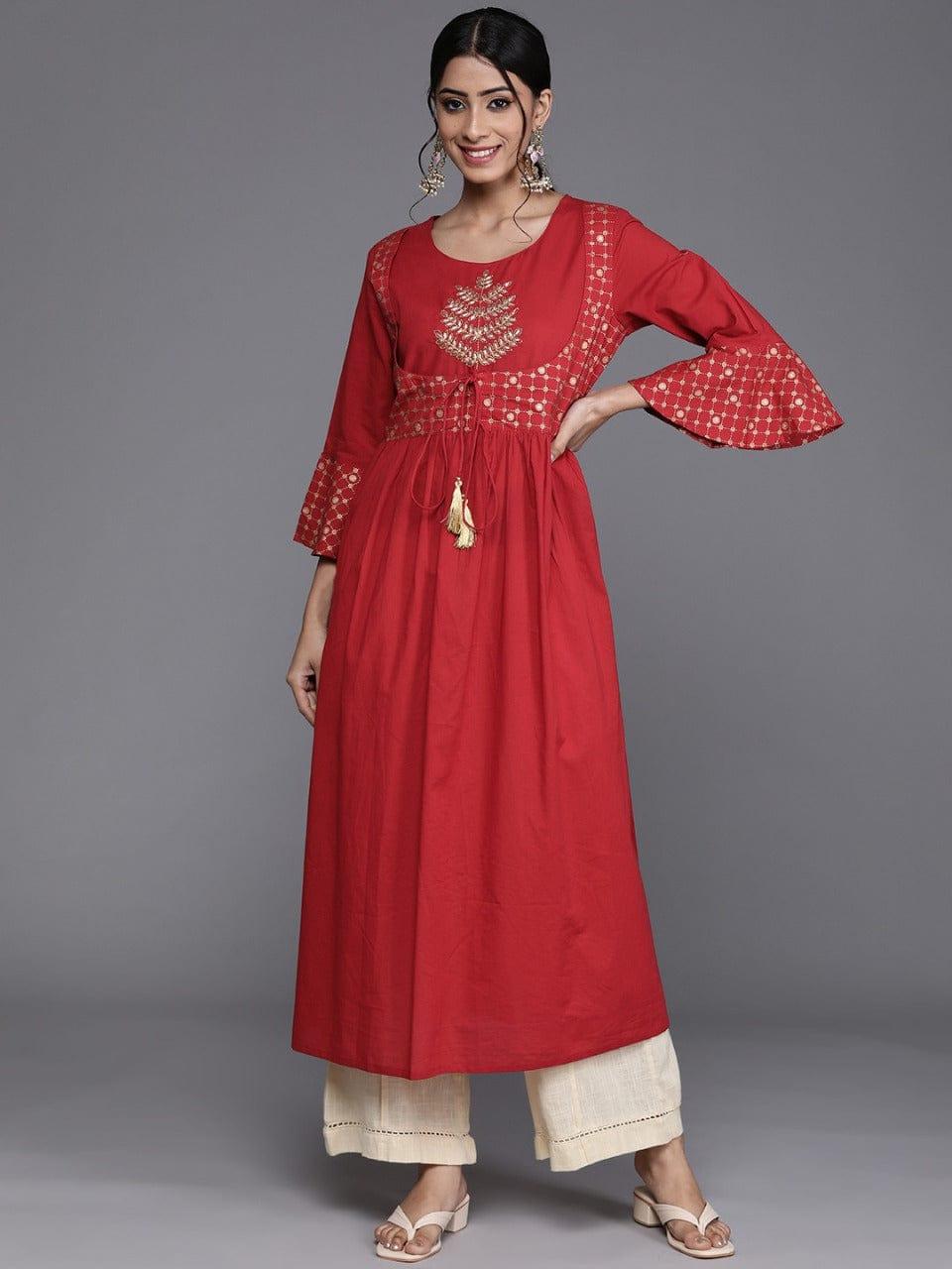 Varanga Women Red & Golden Ethnic Motifs Embroidered Bell Sleeves Kurta - Indiakreations