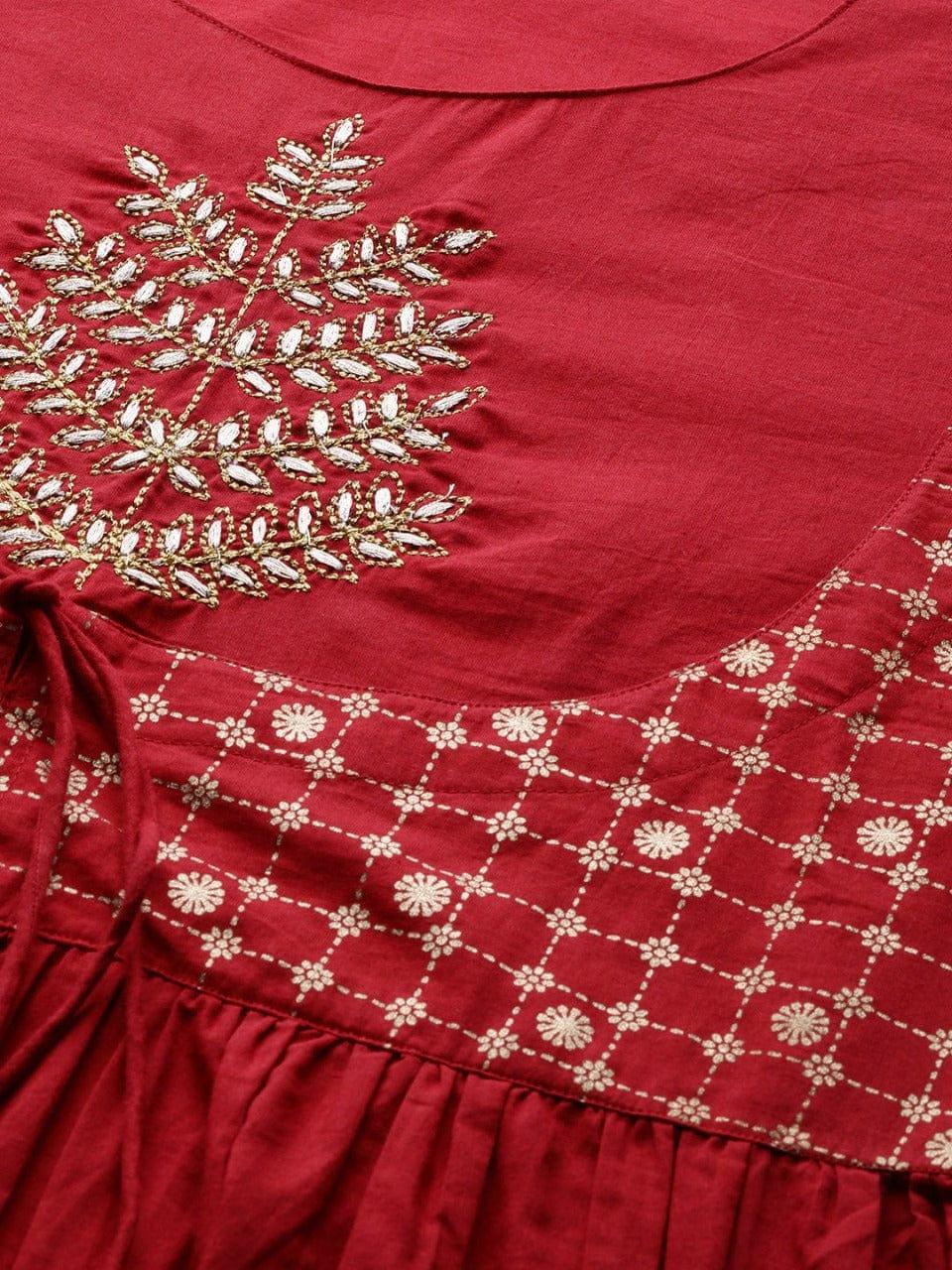 Varanga Women Red & Golden Ethnic Motifs Embroidered Bell Sleeves Kurta - Indiakreations