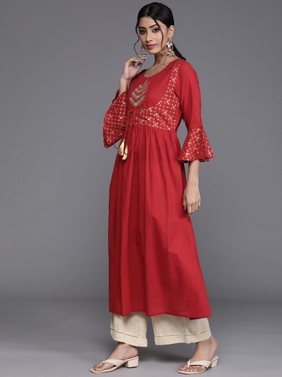 Varanga Women Red & Golden Ethnic Motifs Embroidered Bell Sleeves Kurta - Indiakreations