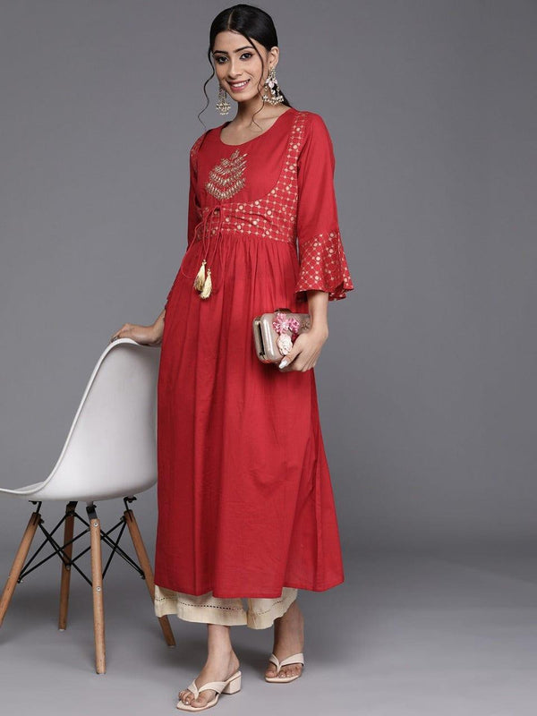 Varanga Women Red & Golden Ethnic Motifs Embroidered Bell Sleeves Kurta - Indiakreations