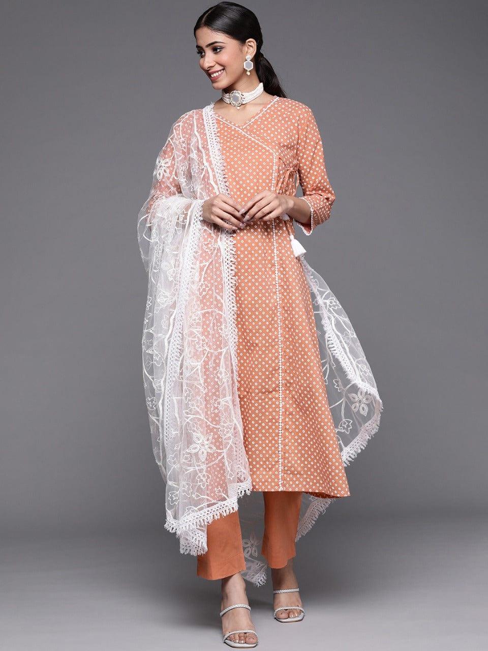 Varanga Women Peach-Coloured Bandhani Printed Pure Cotton Kurta with Trousers & Dupatta - Indiakreations