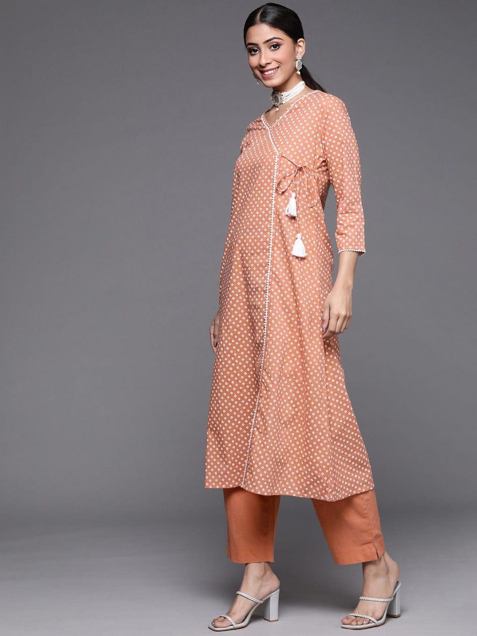 Varanga Women Peach-Coloured Bandhani Printed Pure Cotton Kurta with Trousers & Dupatta - Indiakreations