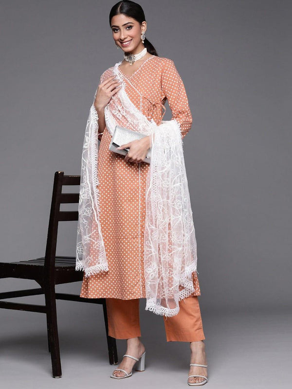 Varanga Women Peach-Coloured Bandhani Printed Pure Cotton Kurta with Trousers & Dupatta - Indiakreations