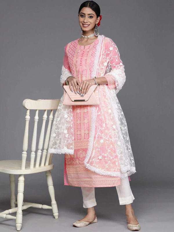 Varanga Women Pink & White Ethnic Motifs Chanderi Silk Kurta with Trousers & With Dupatta - Indiakreations