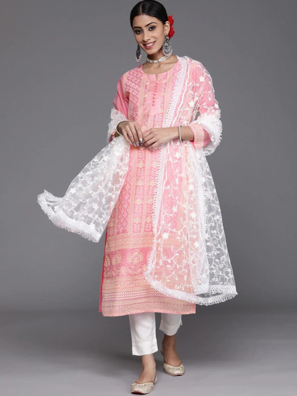 Varanga Women Pink & White Ethnic Motifs Chanderi Silk Kurta with Trousers & With Dupatta - Indiakreations