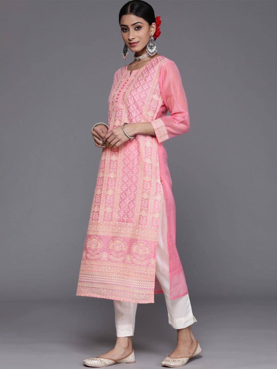 Varanga Women Pink & White Ethnic Motifs Chanderi Silk Kurta with Trousers & With Dupatta - Indiakreations