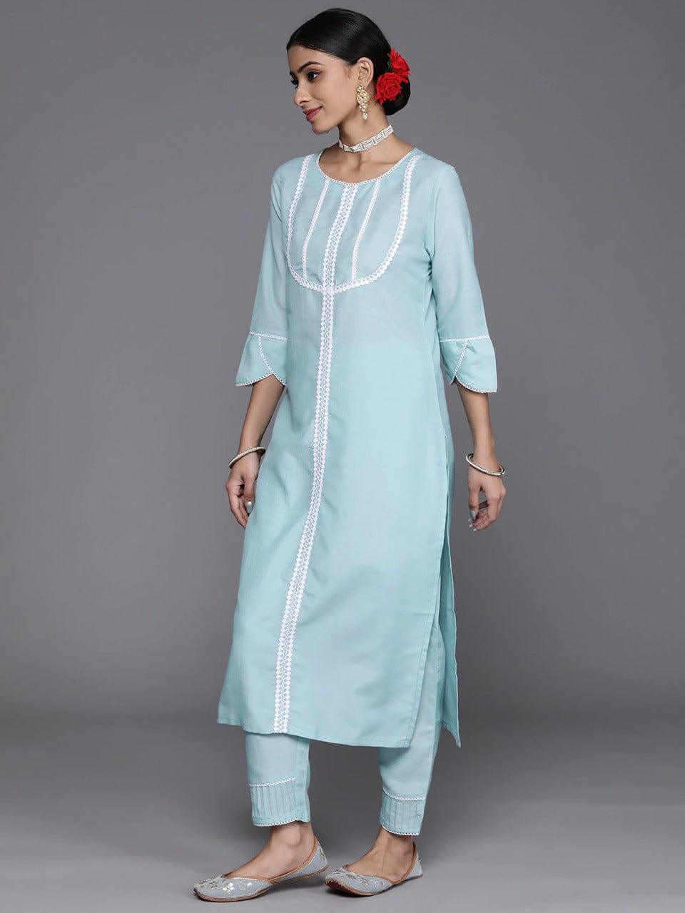 Varanga Women Blue & White Kurta with Trousers & Dupatta - Indiakreations