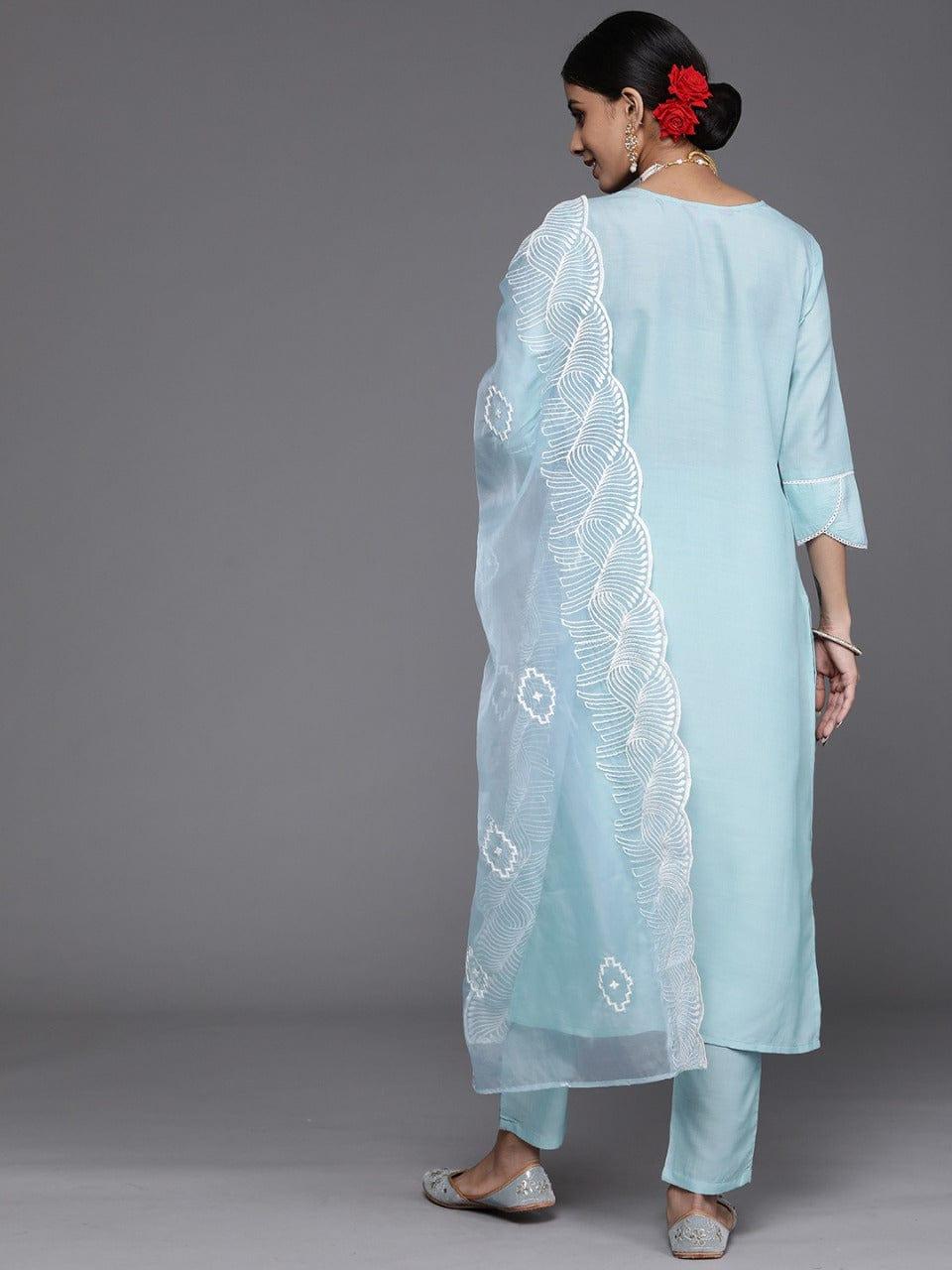 Varanga Women Blue & White Kurta with Trousers & Dupatta - Indiakreations