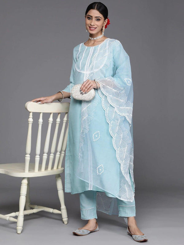 Varanga Women Blue & White Kurta with Trousers & Dupatta - Indiakreations