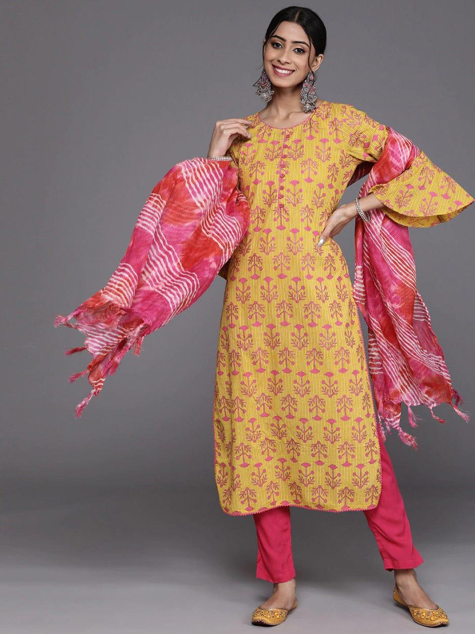 Varanga Women Yellow & Pink Printed Pure Cotton Kurta with Trousers & Dupatta - Indiakreations