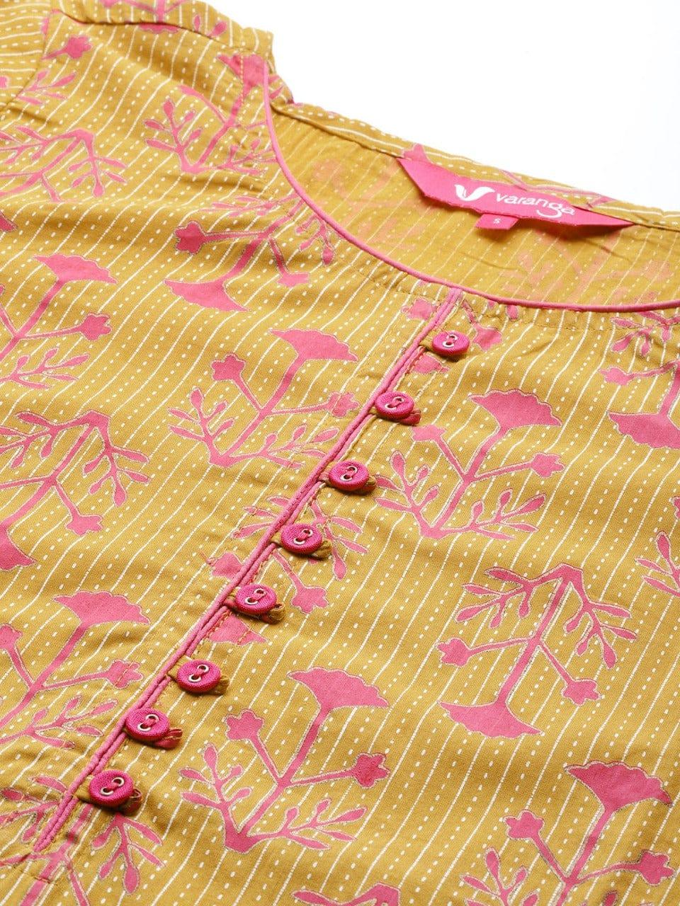 Varanga Women Yellow & Pink Printed Pure Cotton Kurta with Trousers & Dupatta - Indiakreations