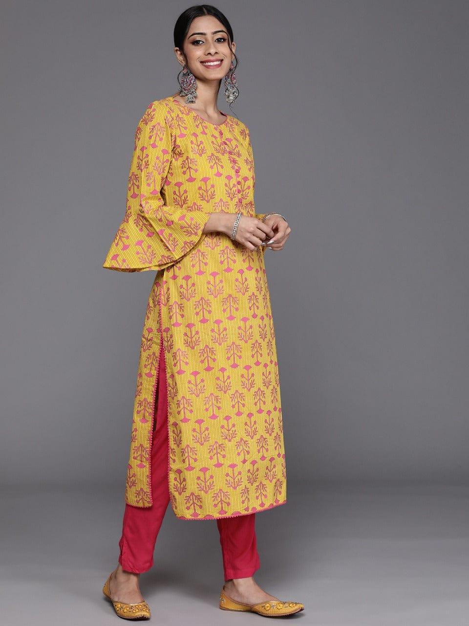 Varanga Women Yellow & Pink Printed Pure Cotton Kurta with Trousers & Dupatta - Indiakreations