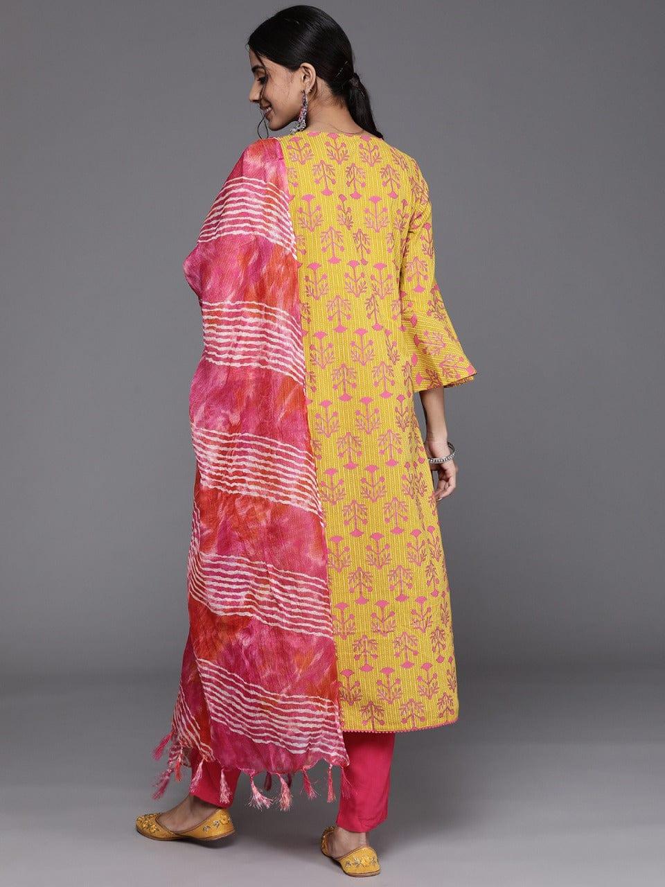 Varanga Women Yellow & Pink Printed Pure Cotton Kurta with Trousers & Dupatta - Indiakreations