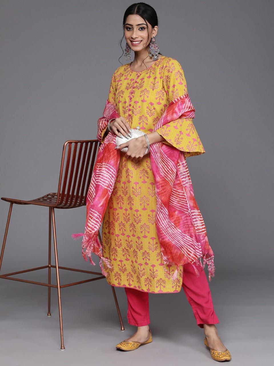 Varanga Women Yellow & Pink Printed Pure Cotton Kurta with Trousers & Dupatta - Indiakreations