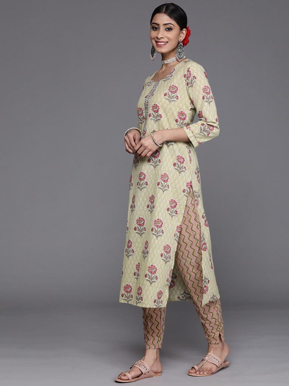 Varanga Women Green & Pink Floral Printed Pure Cotton Kurta with Trousers & Dupatta - Indiakreations