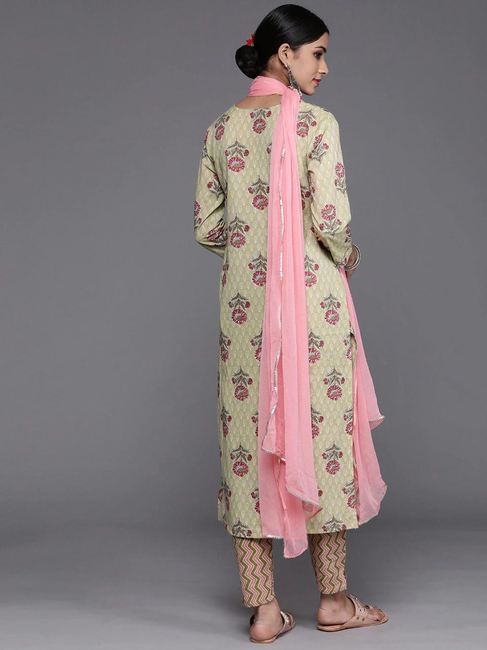 Varanga Women Green & Pink Floral Printed Pure Cotton Kurta with Trousers & Dupatta - Indiakreations