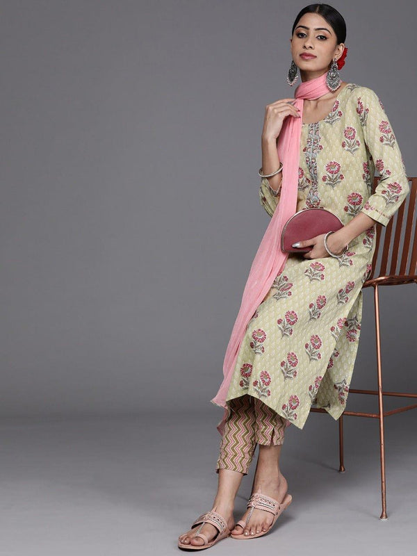 Varanga Women Green & Pink Floral Printed Pure Cotton Kurta with Trousers & Dupatta - Indiakreations