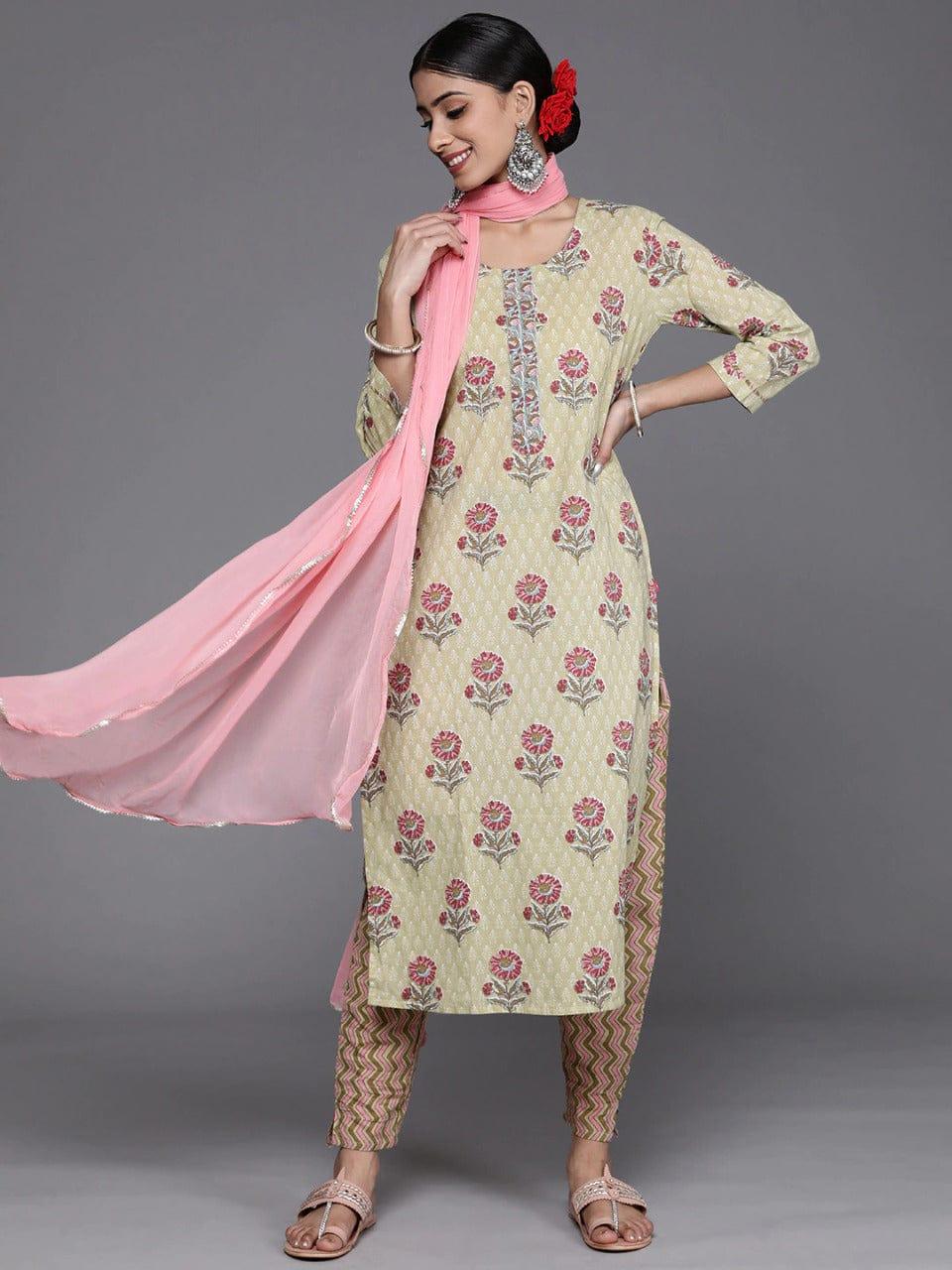 Varanga Women Green & Pink Floral Printed Pure Cotton Kurta with Trousers & Dupatta - Indiakreations