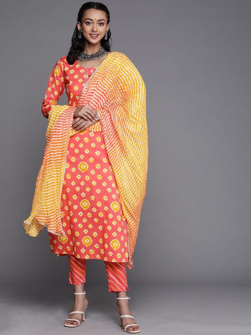 Varanga Women Peach-Coloured Ethnic Motifs Printed Gotta Patti Cotton Kurta Set - Indiakreations