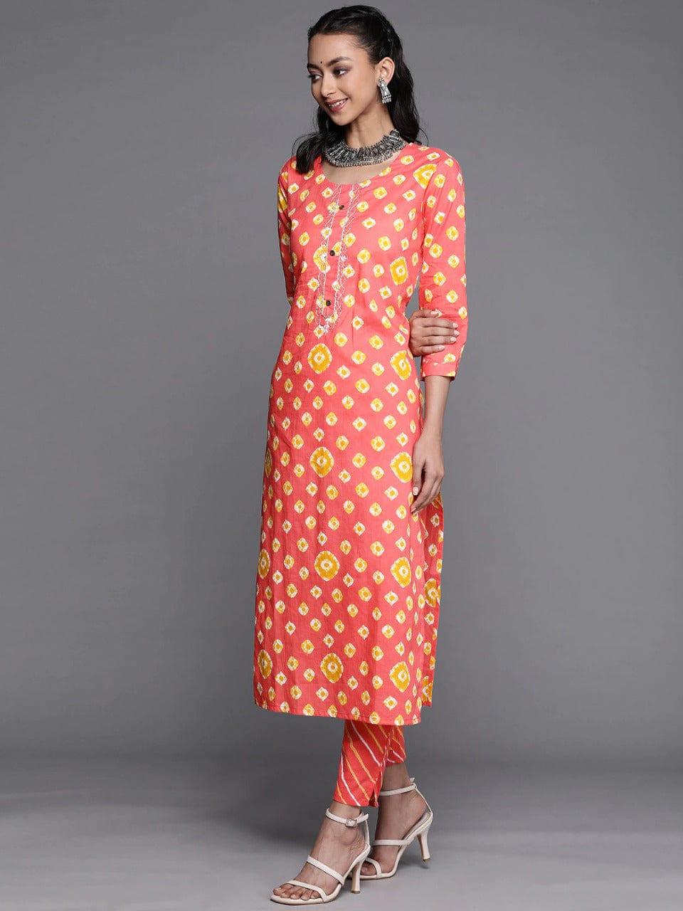 Varanga Women Peach-Coloured Ethnic Motifs Printed Gotta Patti Cotton Kurta Set - Indiakreations