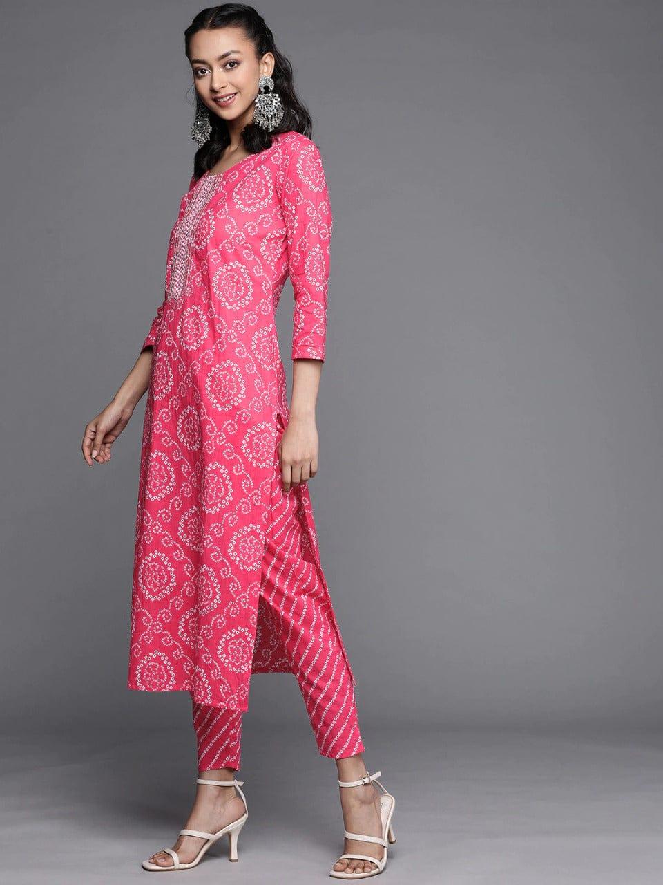 Varanga Women Pink Bandhani Printed Gotta Patti Pure Cotton Kurta with Trousers & With Dupatta - Indiakreations