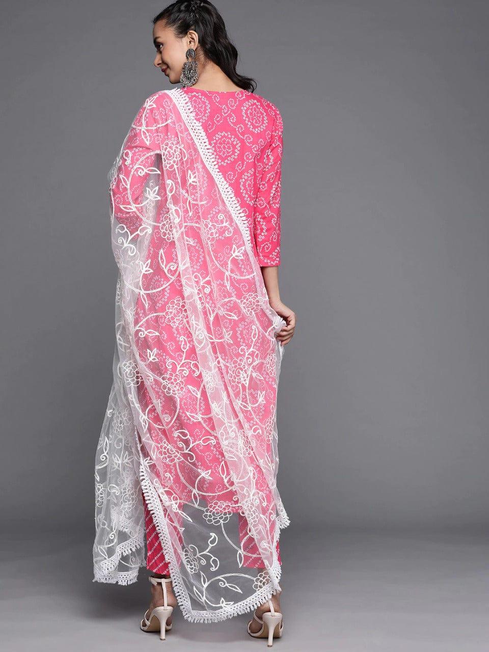 Varanga Women Pink Bandhani Printed Gotta Patti Pure Cotton Kurta with Trousers & With Dupatta - Indiakreations