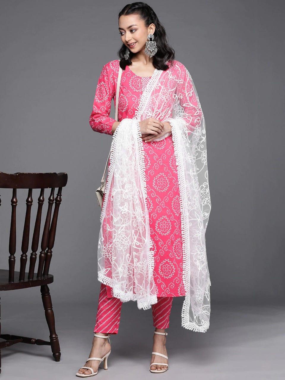 Varanga Women Pink Bandhani Printed Gotta Patti Pure Cotton Kurta with Trousers & With Dupatta - Indiakreations