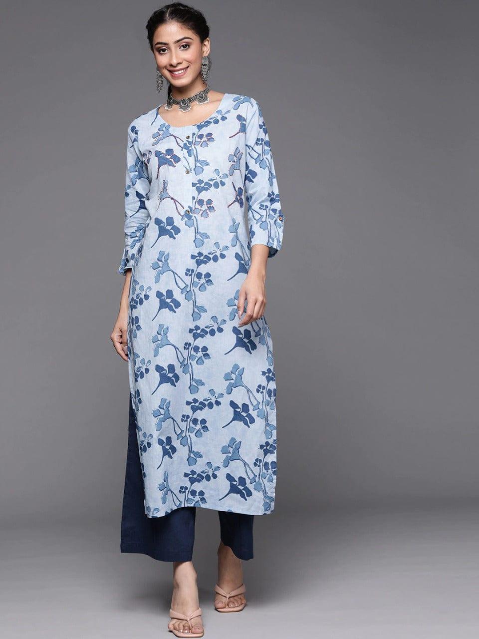 Varanga Women Blue Floral Printed Thread Work Sequinned Pure Cotton Kurta - Indiakreations