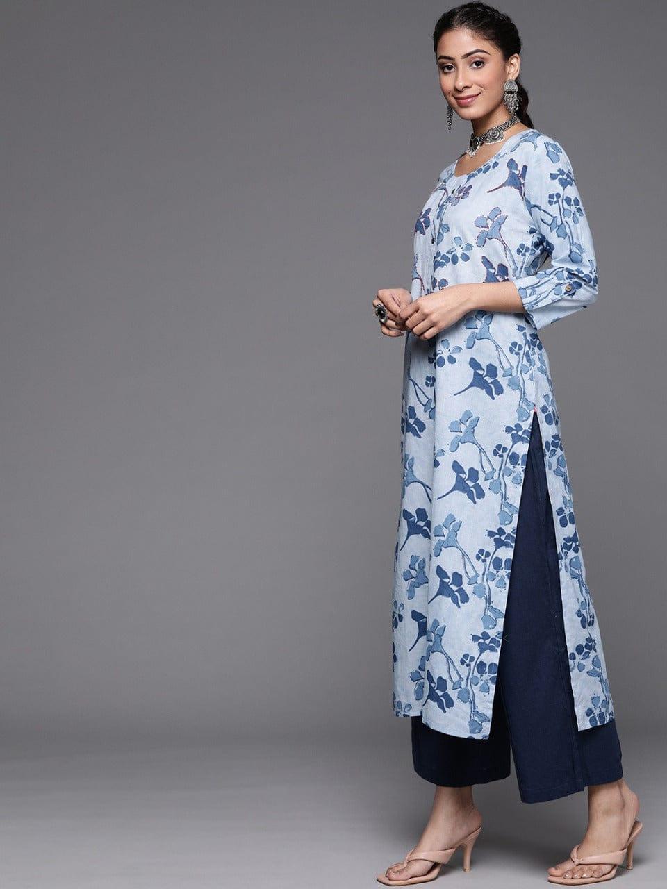 Varanga Women Blue Floral Printed Thread Work Sequinned Pure Cotton Kurta - Indiakreations