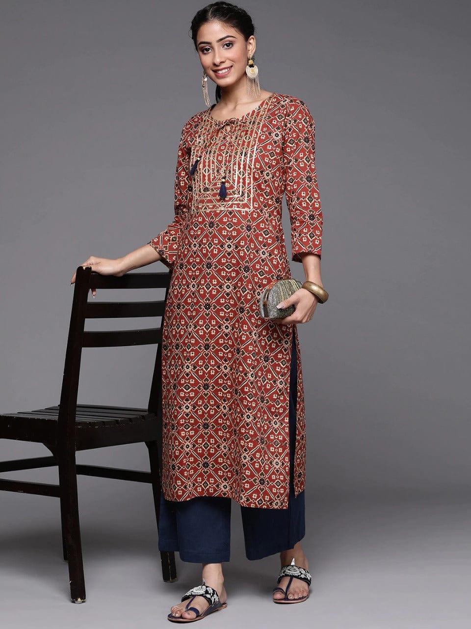 Varanga Women Maroon & Beige Ethnic Motifs Printed Gotta Patti Pure Cotton Kurta - Indiakreations