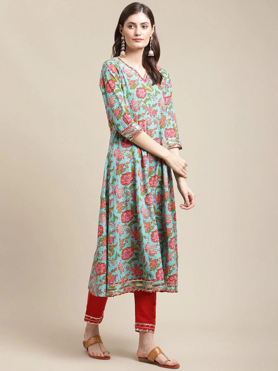 Varanga Women Blue Floral Printed Gotta Patti Kurti with Trousers & With Dupatta - Indiakreations