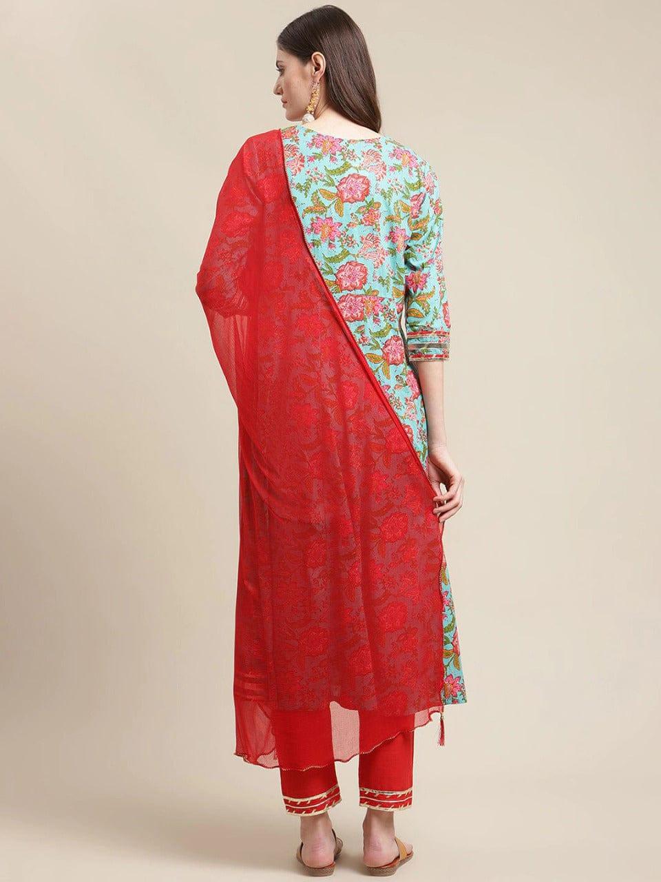 Varanga Women Blue Floral Printed Gotta Patti Kurti with Trousers & With Dupatta - Indiakreations