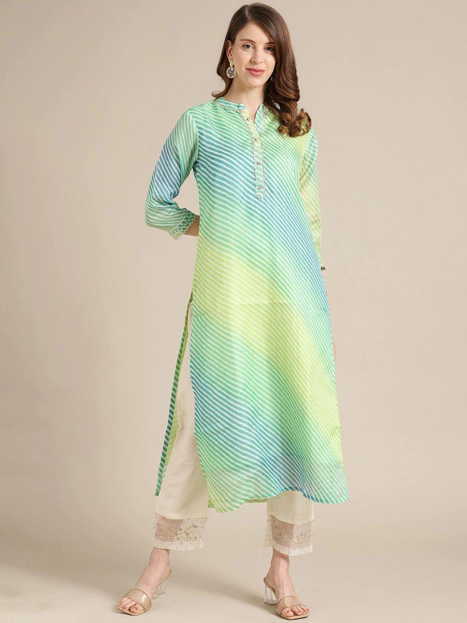 Varanga Women Lime Green & White Leheriya Cotton A-Line Kurta - Indiakreations