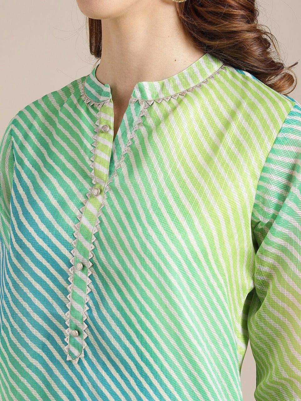 Varanga Women Lime Green & White Leheriya Cotton A-Line Kurta - Indiakreations