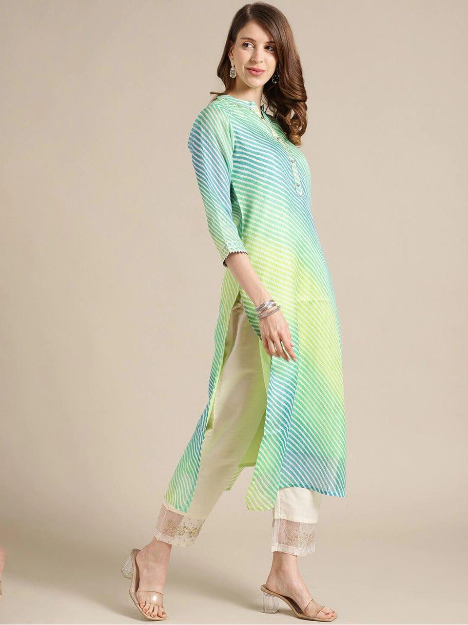 Varanga Women Lime Green & White Leheriya Cotton A-Line Kurta - Indiakreations