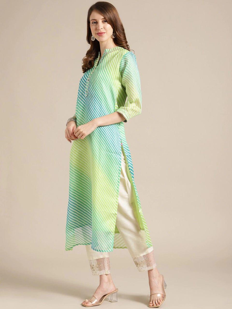 Varanga Women Lime Green & White Leheriya Cotton A-Line Kurta - Indiakreations